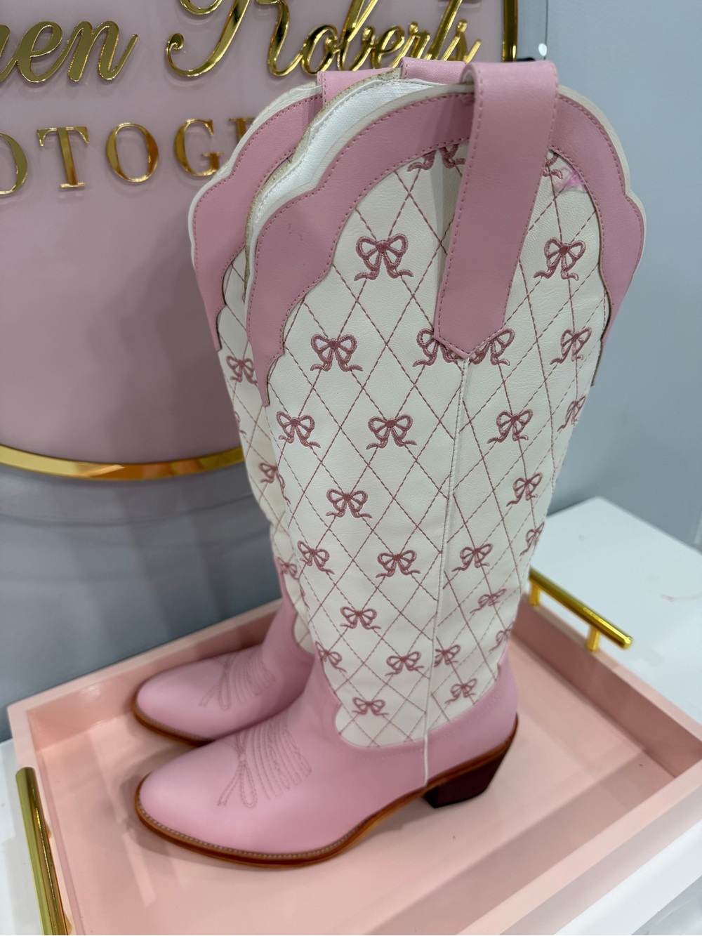 Amazon Pink and White Bow-Embroidered Western Heeled Boots for Women